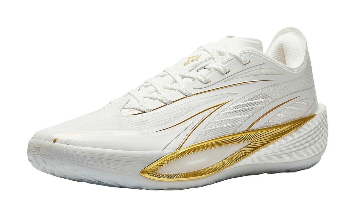 Men's white low-top basketball shoes with gold accents and textured midsole