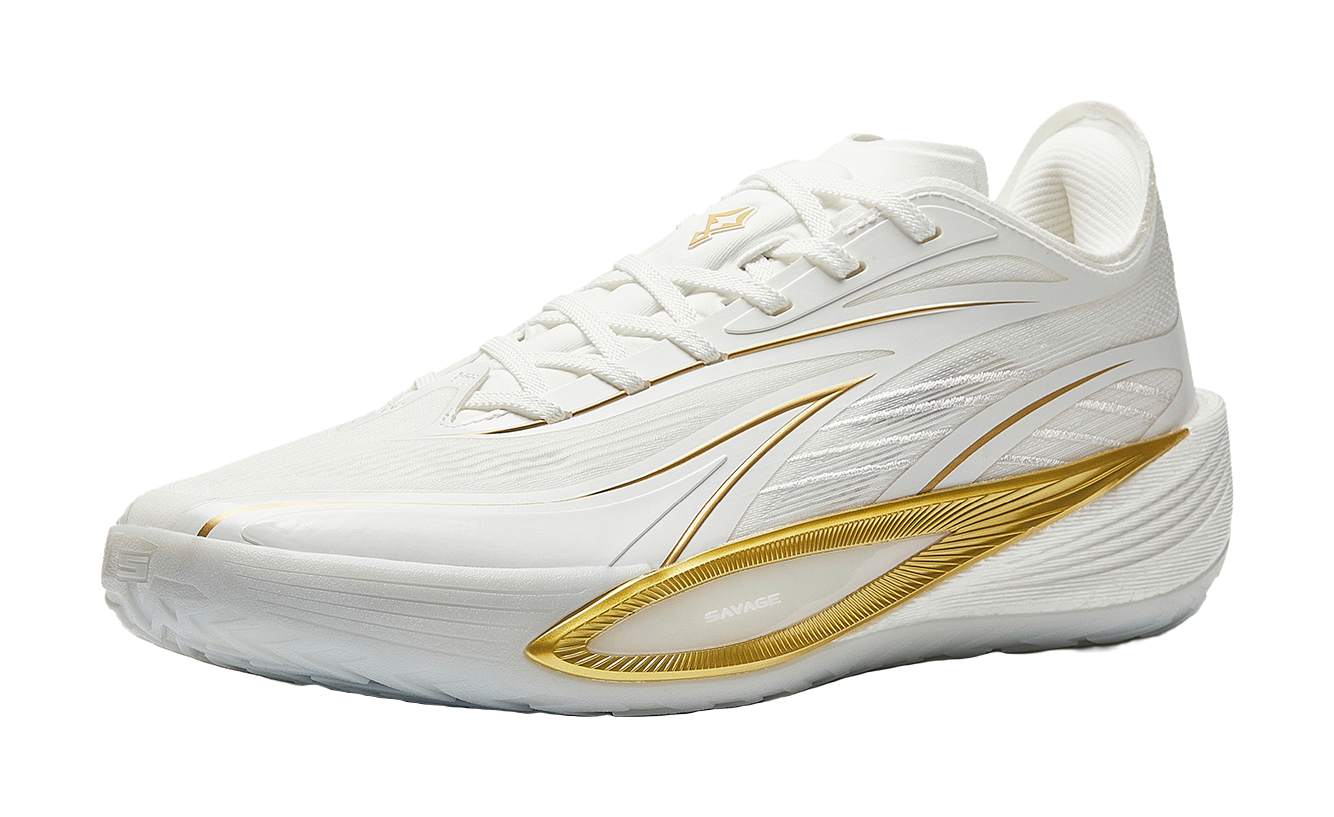 Men's white low-top basketball shoes with gold accents and textured midsole