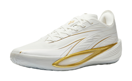 Men's white low-top basketball shoes with gold accents and textured midsole