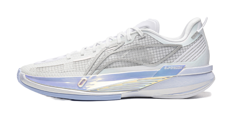 White basketball sneaker with mesh paneling, lace-up closure, and blue accent sole.