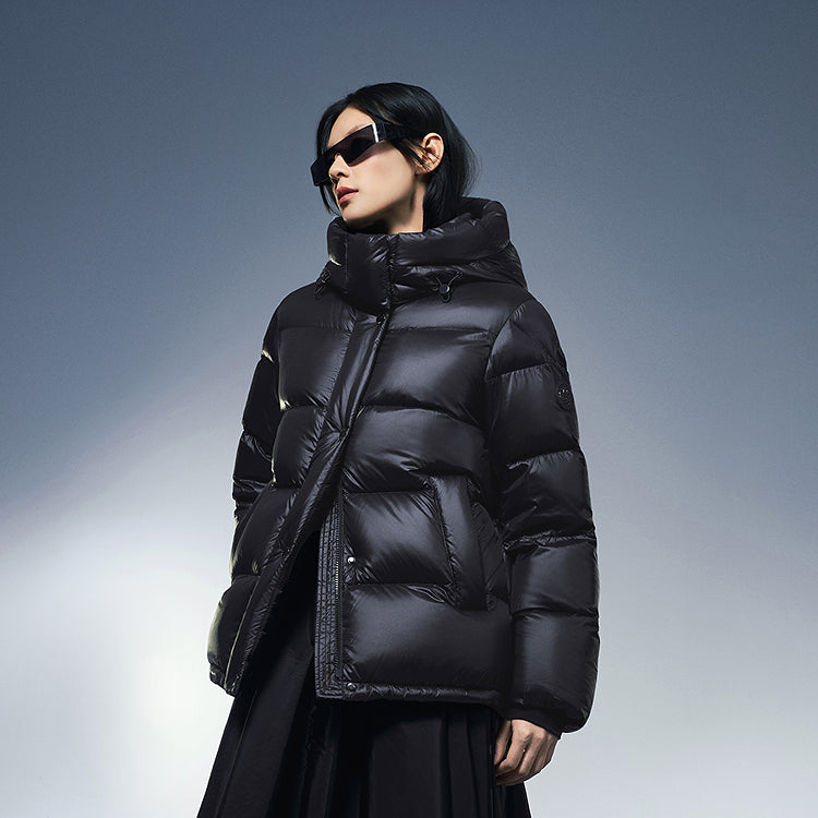 Black hooded puffer winter down jacket with front zipper placket and stand collar