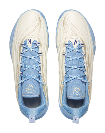 Unisex basketball shoe pair, milky white uppers with light blue laces and padded collars.