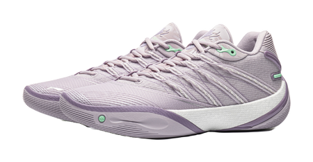 Lavender low basketball sneaker with textured overlays, lace-up front, mint heel logo