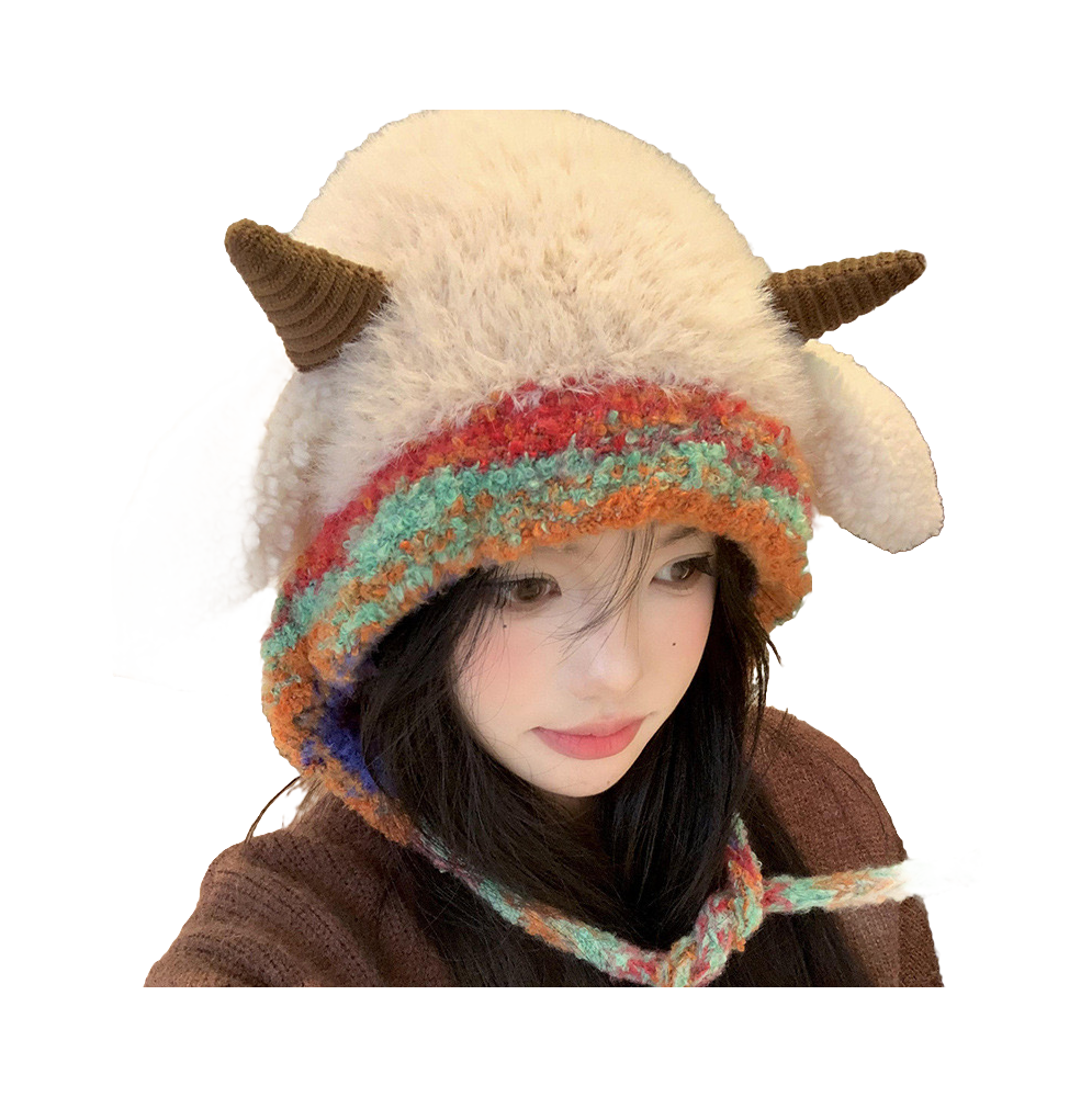[Little Sheep Horn] IOTS will squeak when pinching the ears! Warm autumn and winter, soft and cute rainbow, dopamine cooling and windproof drawstring, double-layer cute and warm cartoon, niche polyester fiber woolen hat, unisex, couple style  vjsneaker.com