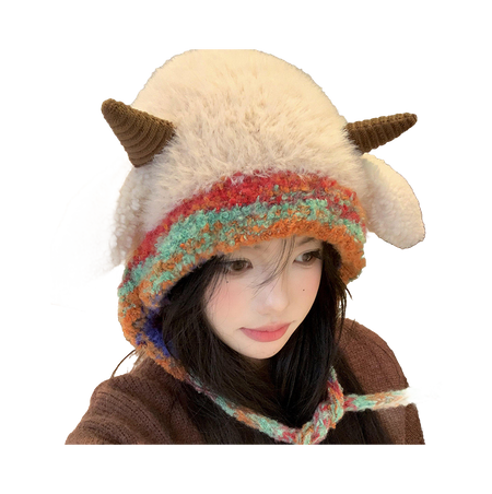 [Little Sheep Horn] IOTS will squeak when pinching the ears! Warm autumn and winter, soft and cute rainbow, dopamine cooling and windproof drawstring, double-layer cute and warm cartoon, niche polyester fiber woolen hat, unisex, couple style  vjsneaker.com