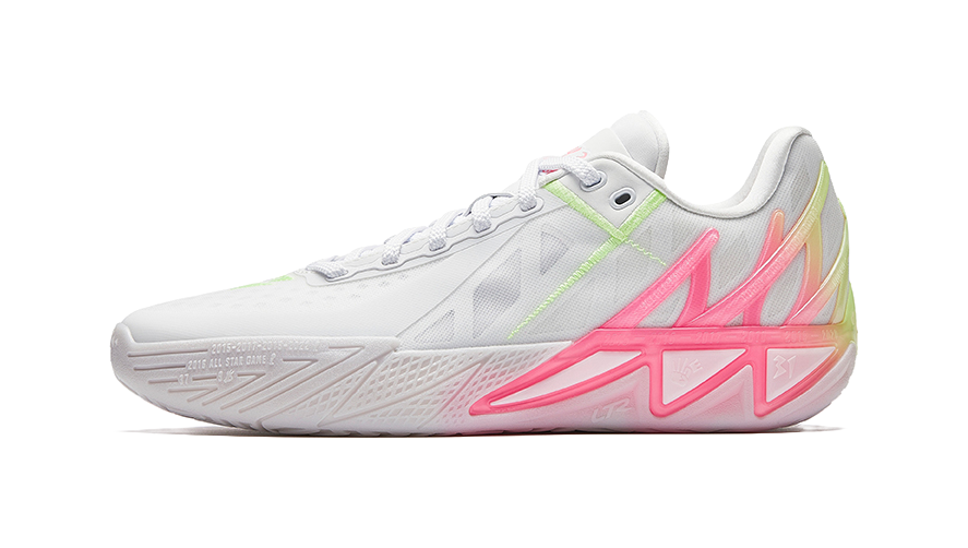 White basketball shoe with pink and green accents, lace-up high top style