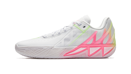 White basketball shoe with pink and green accents, lace-up high top style