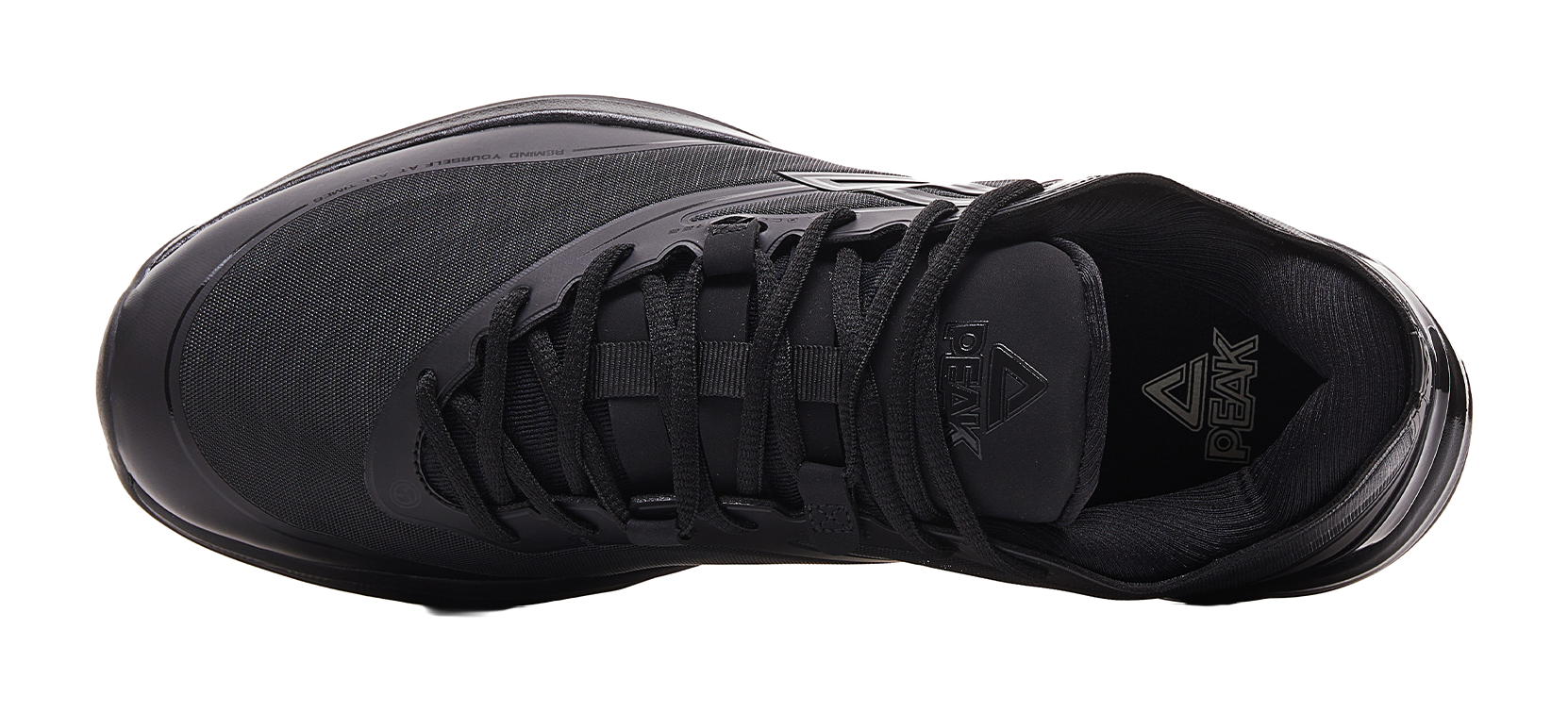 Black basketball shoe upper with lace-up system and high-ankle collar.