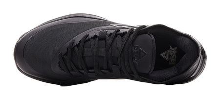 Black basketball shoe upper with lace-up system and high-ankle collar.