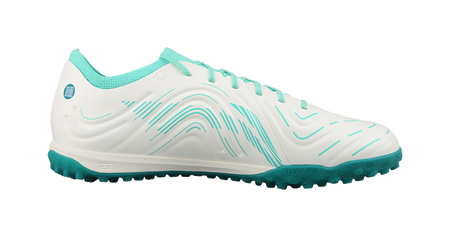 Unisex soccer cleat in white with teal stripes, TF turf sole and studs