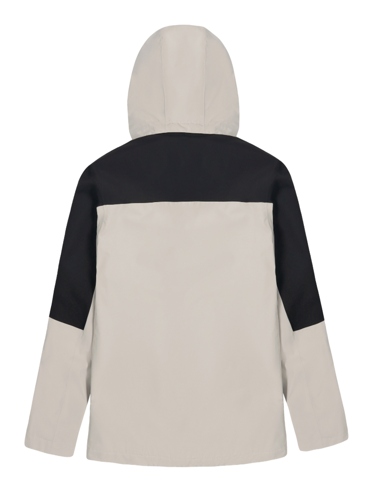 Black and beige hooded windbreaker jacket with full-length zip and side pockets.