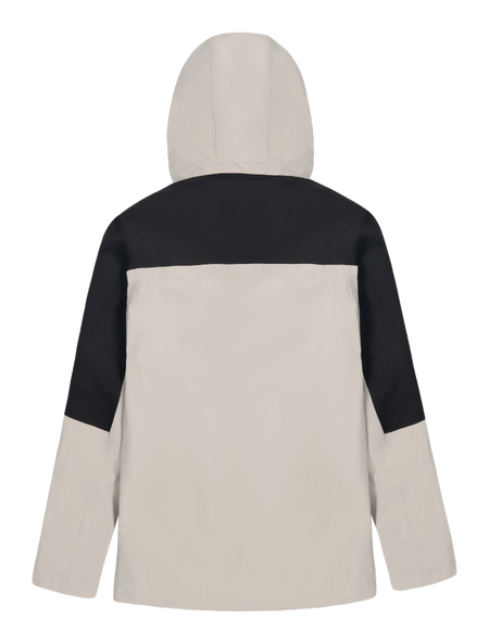 Black and beige hooded windbreaker jacket with full-length zip and side pockets.