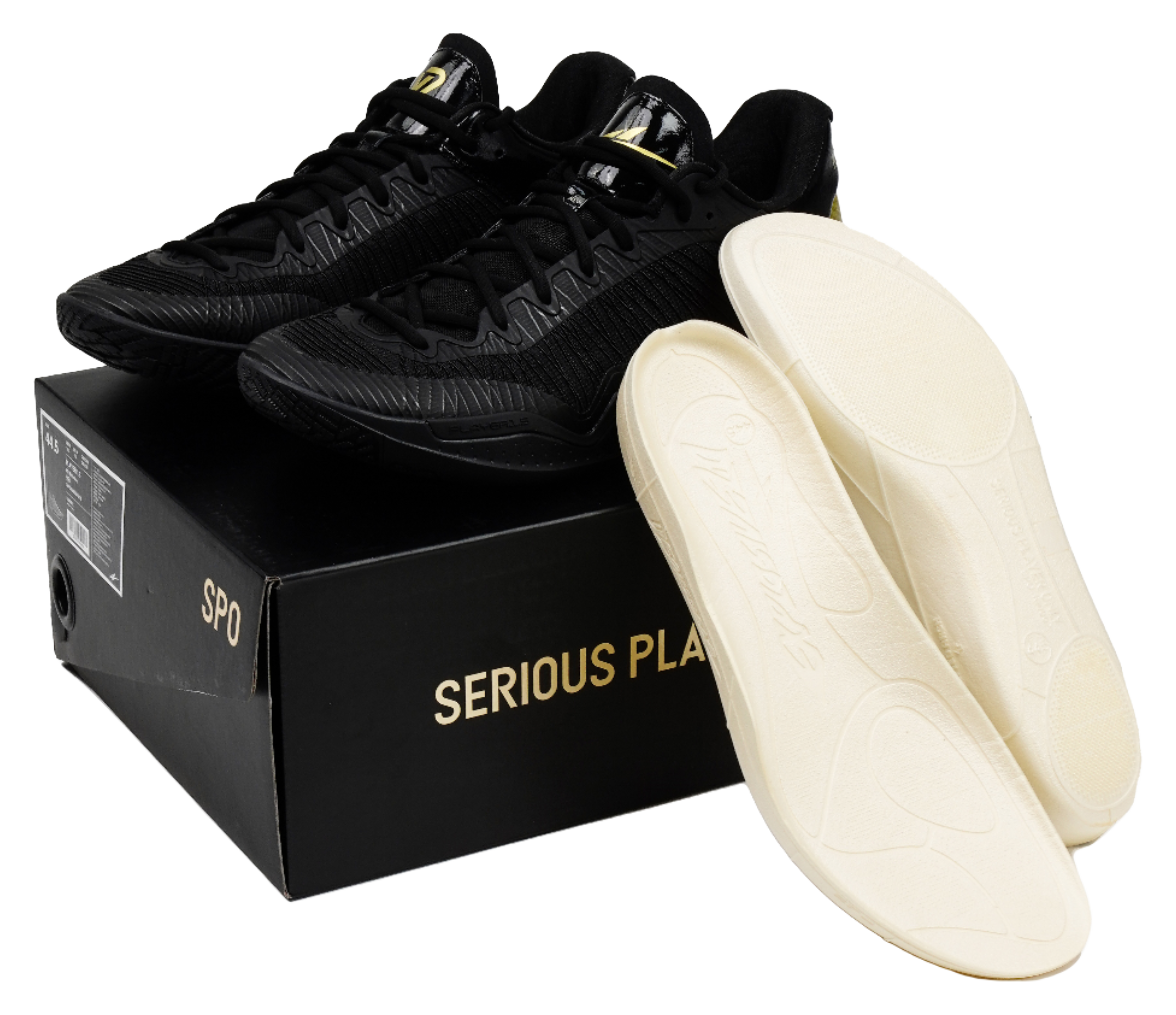 Black lace-up basketball shoes with beige insoles and box packaging shown