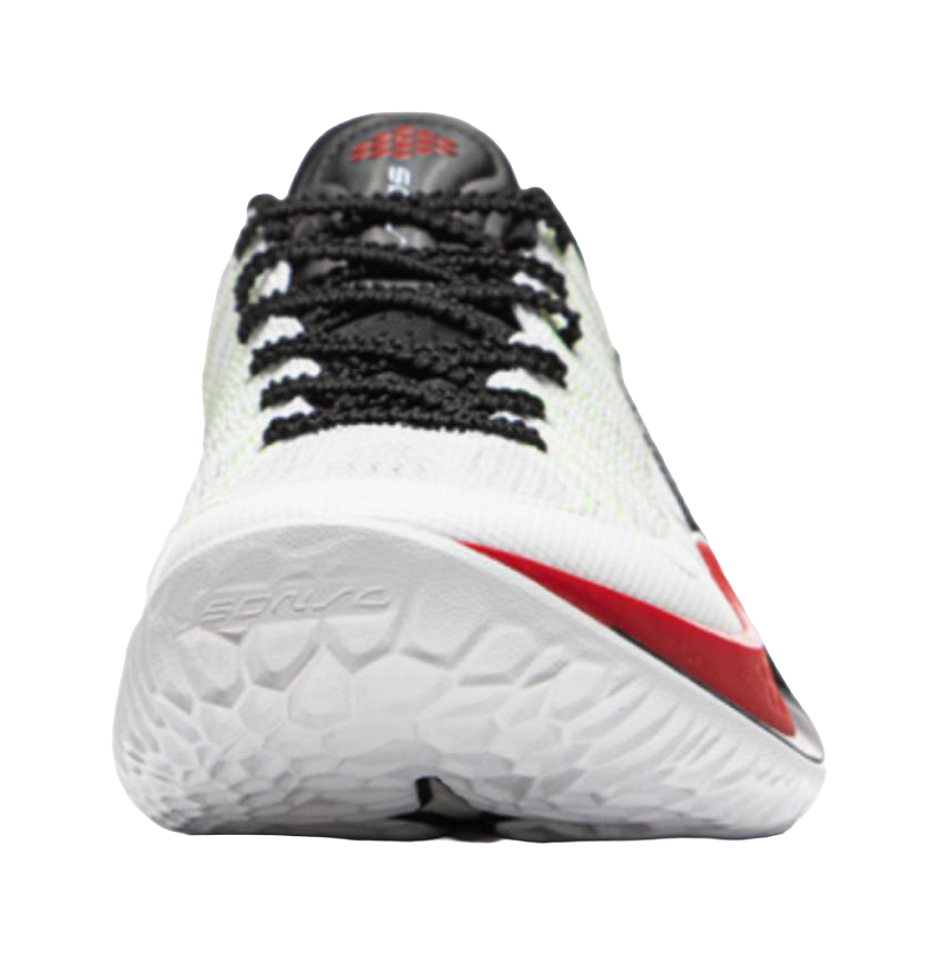 Li-Ning basketball shoe front view: white knit upper, black laces, green/black details, red sole edge