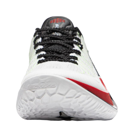 Li-Ning basketball shoe front view: white knit upper, black laces, green/black details, red sole edge