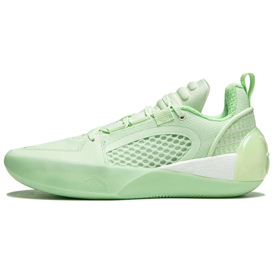 Agile green basketball shoe with mesh upper, lace-up front, padded collar, rubber outsole.