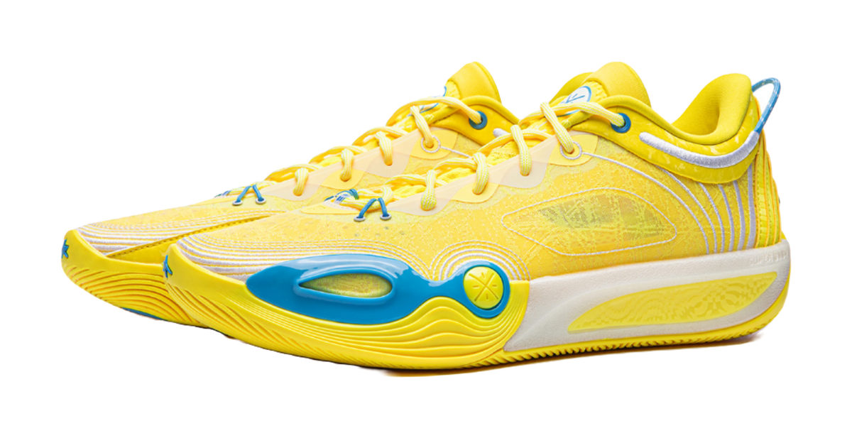 Li Ning low-top basketball shoe with yellow upper and blue logo details, lace-up.