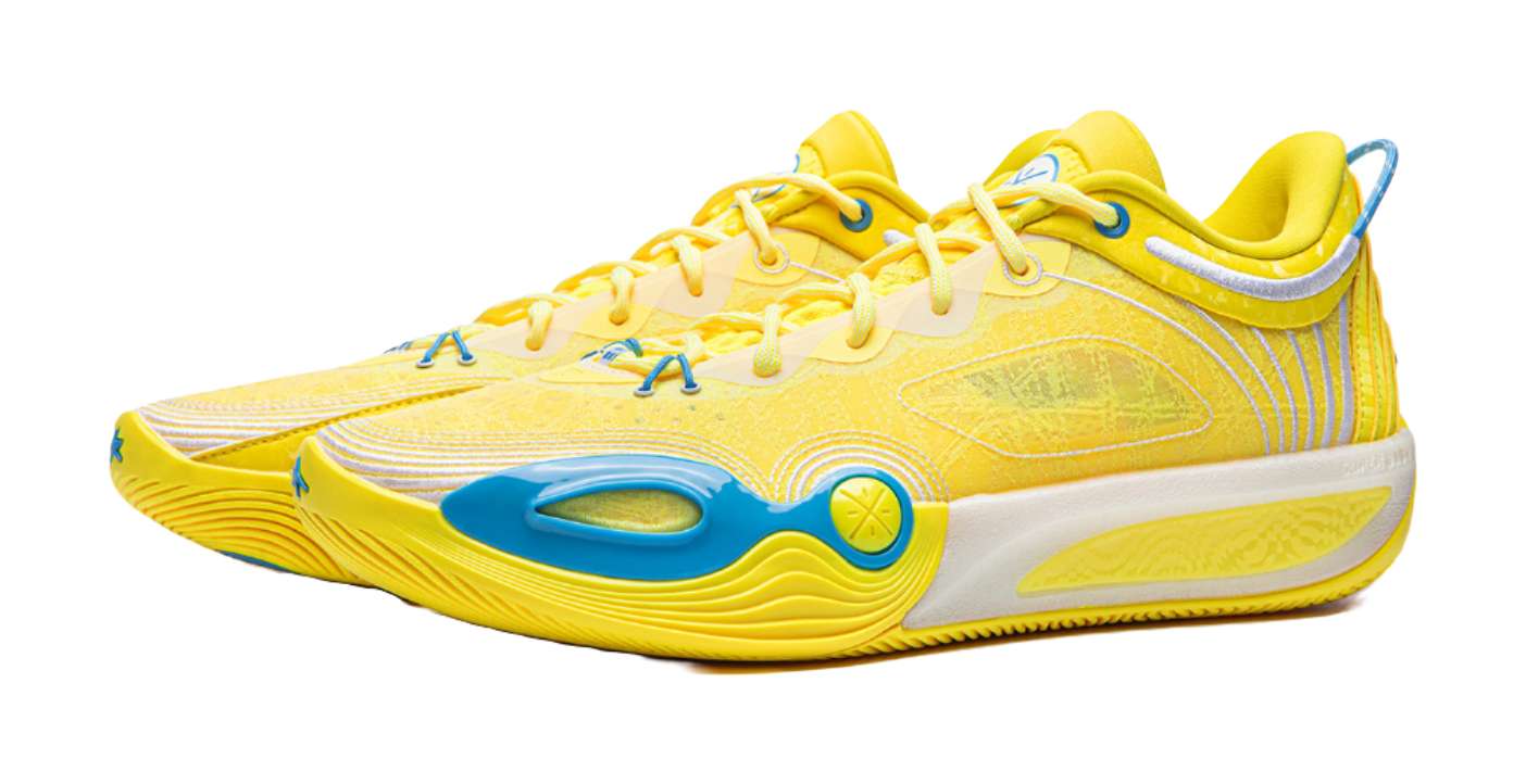 Li Ning low-top basketball shoe with yellow upper and blue logo details, lace-up.