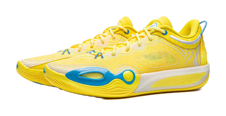 Li Ning low-top basketball shoe with yellow upper and blue logo details, lace-up.