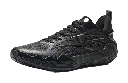 Low-top basketball sneakers in dark black/gray with lace-up front and side logo panels