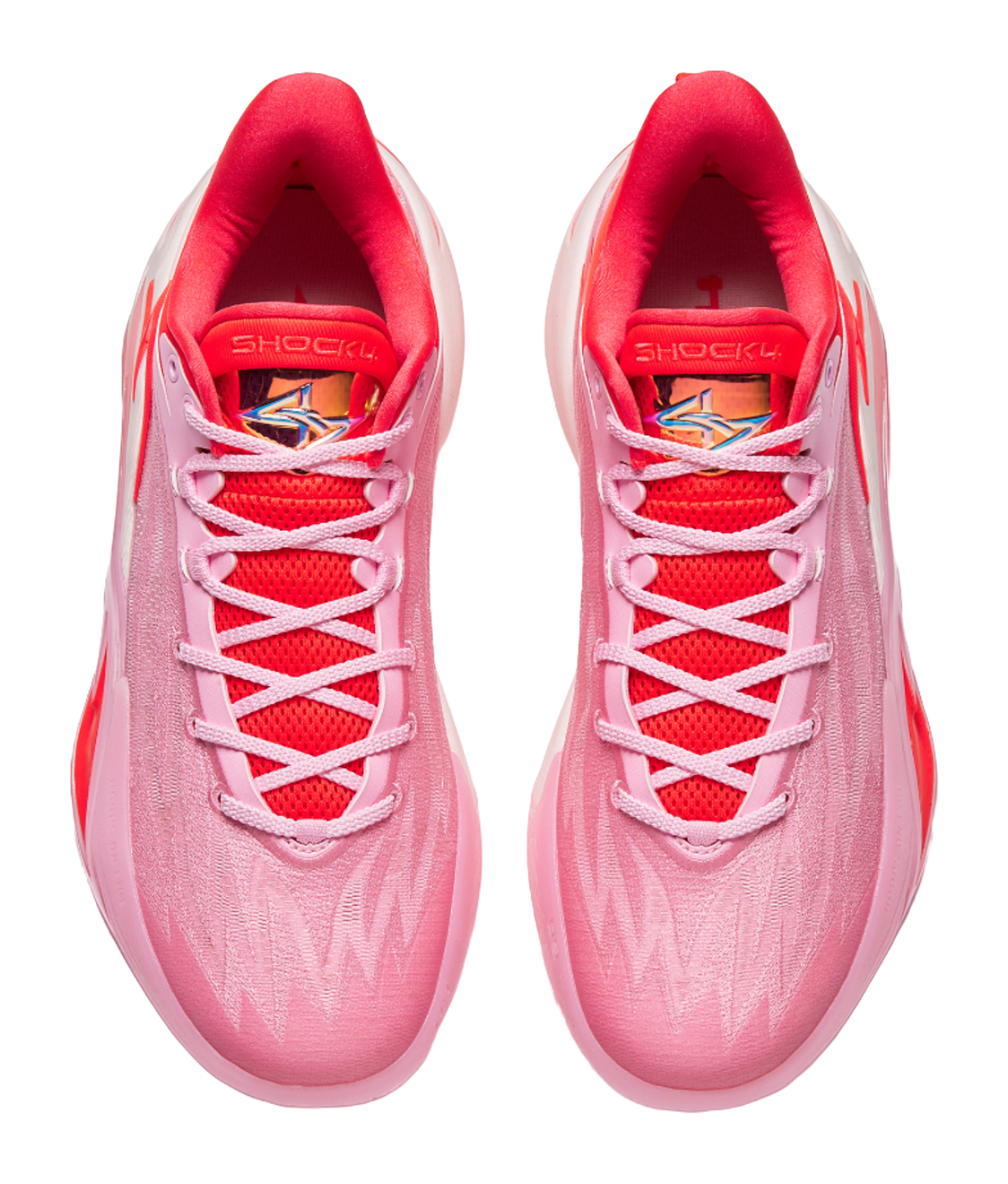 Pink lace-up basketball shoes with red laces and padded tongue collar