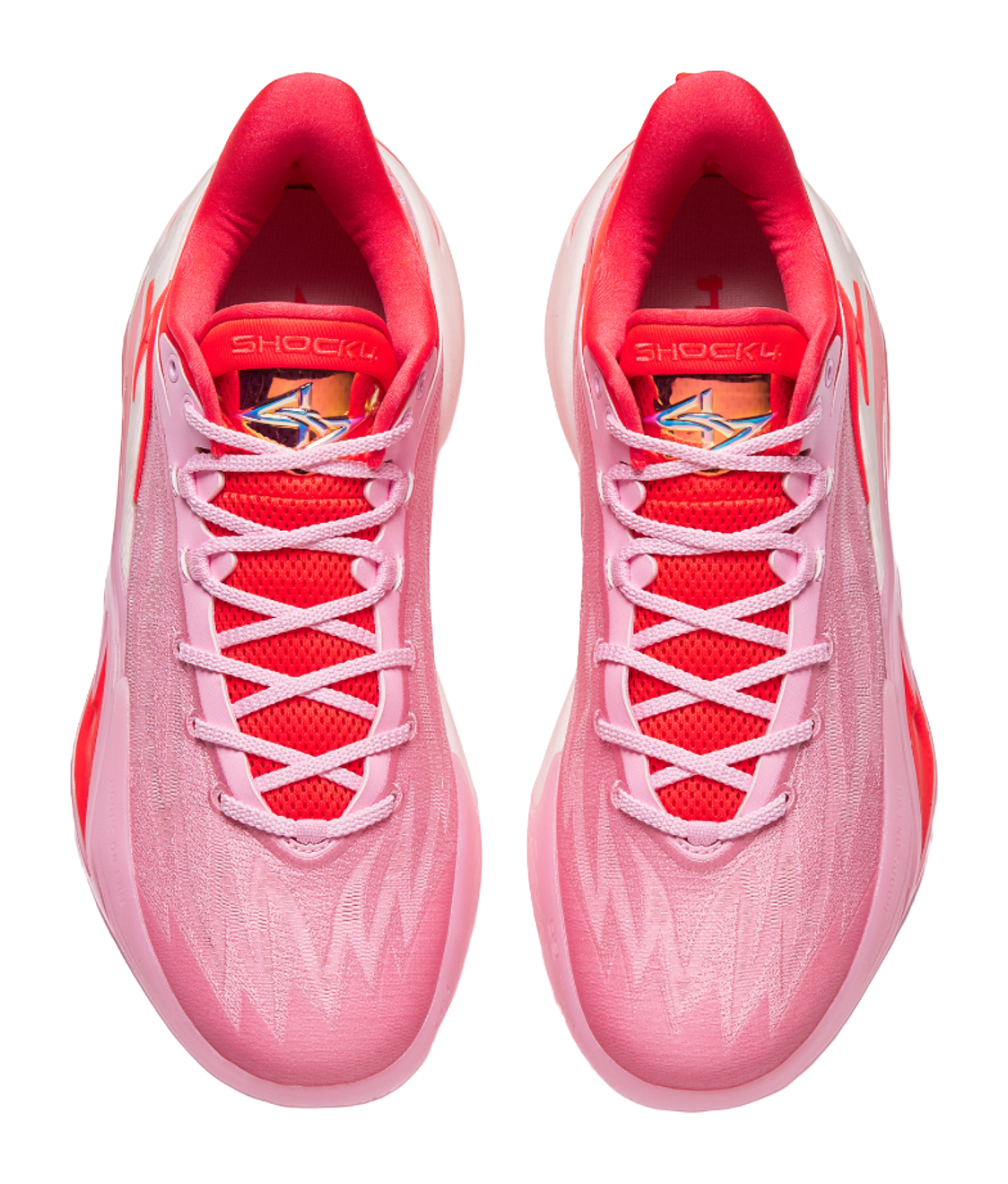 Pink lace-up basketball shoes with red laces and padded tongue collar