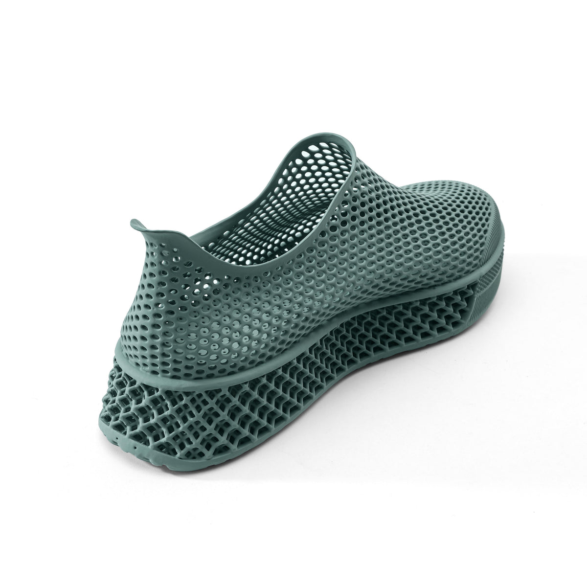3D printed casual sneakers in dark green, rear view with textured 3D tread sole