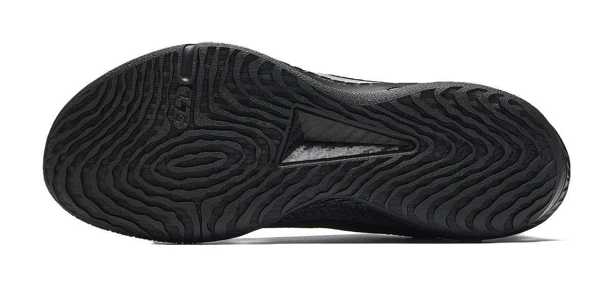 Black basketball shoe outsole tread with textured pattern and sidewall detailing