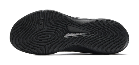Black basketball shoe outsole tread with textured pattern and sidewall detailing