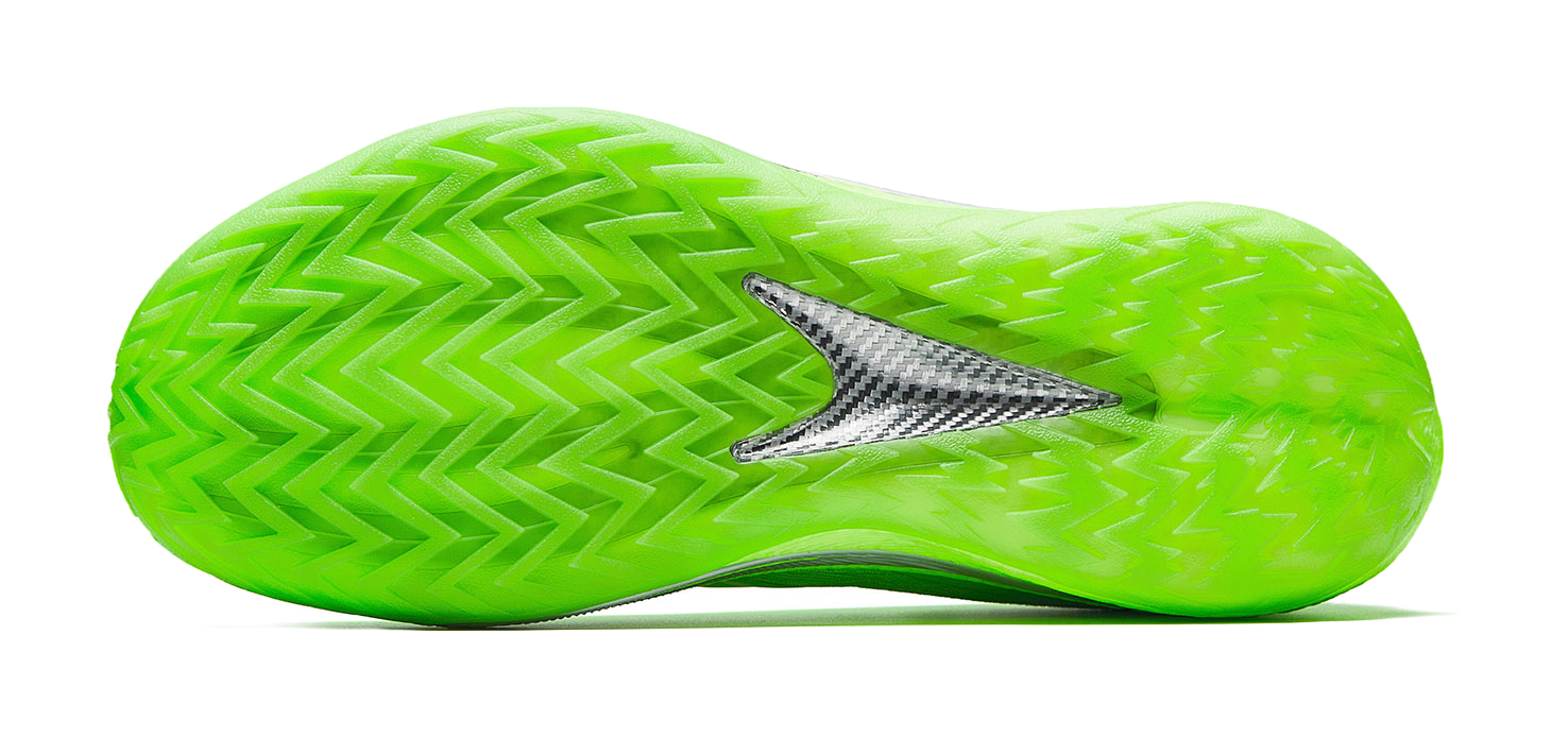 Fluorescent green low-top basketball shoe with zigzag outsole tread and side stripe