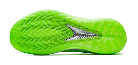 Fluorescent green low-top basketball shoe with zigzag outsole tread and side stripe