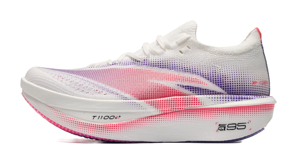 ANTA women's low-top running shoe, white knit upper with purple and red accents