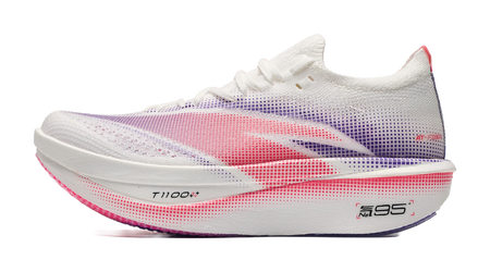 ANTA women's low-top running shoe, white knit upper with purple and red accents