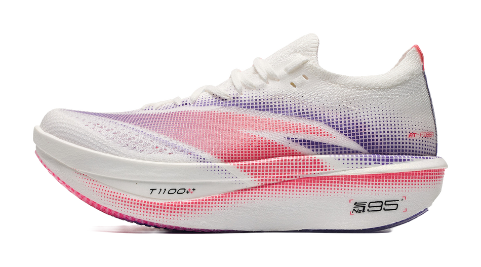 ANTA women's low-top running shoe, white knit upper with purple and red accents