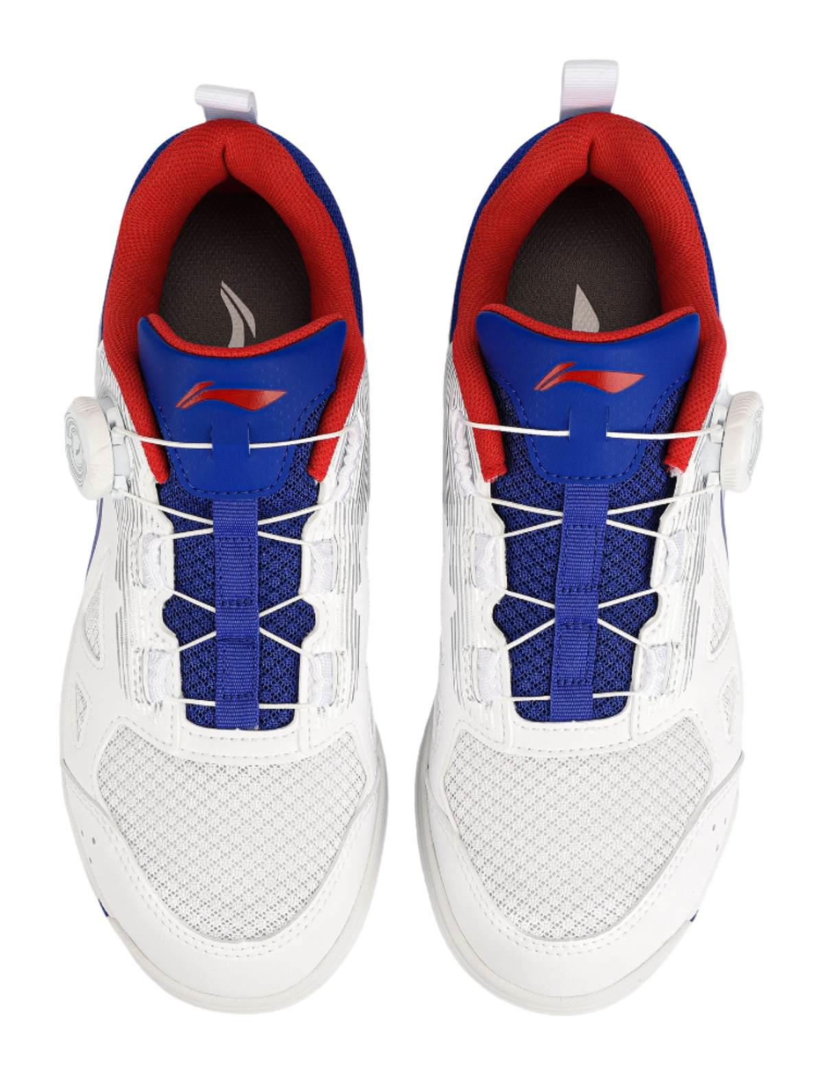 Table tennis shoes heel and tongue view with red inner lining and blue laces