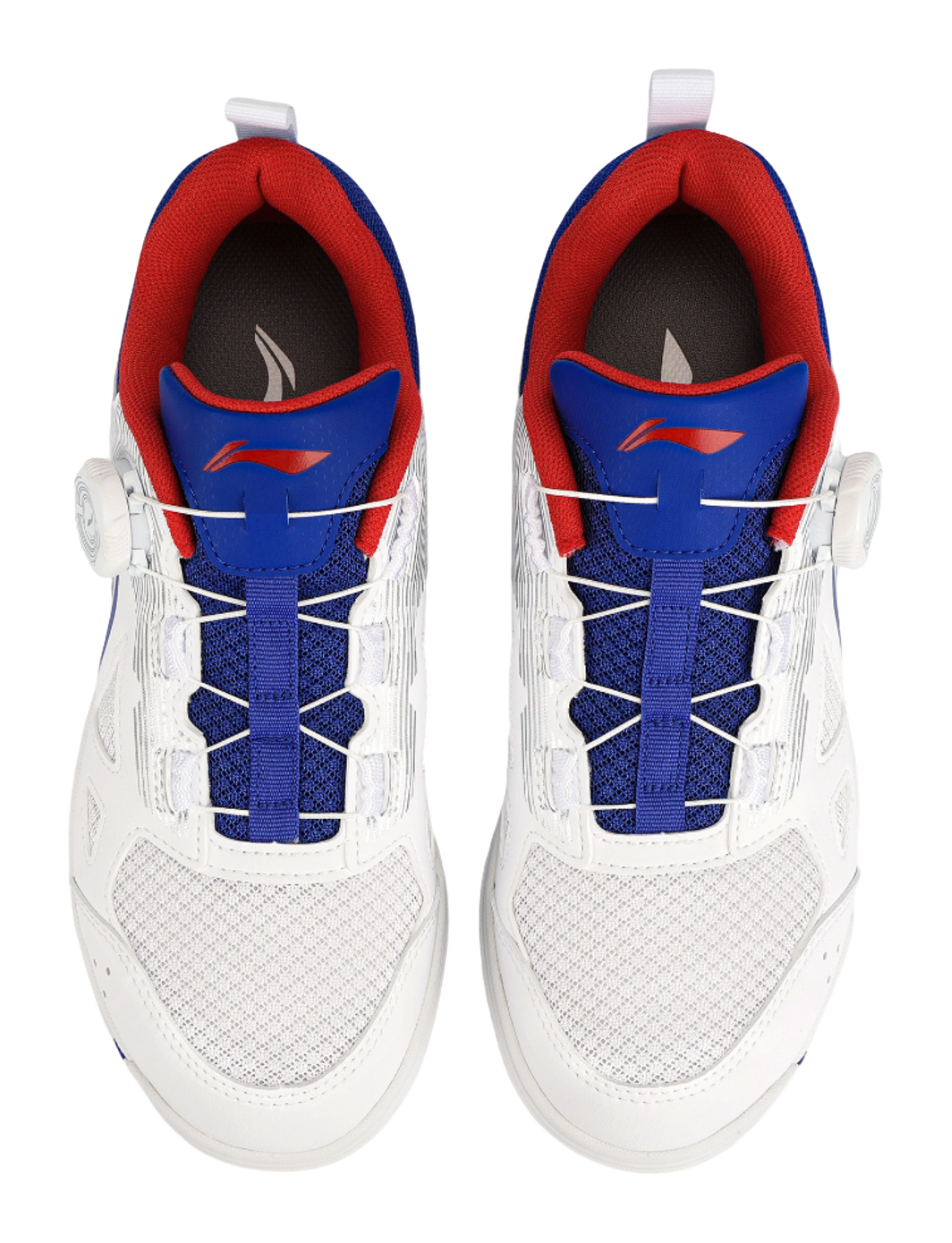 Table tennis shoes heel and tongue view with red inner lining and blue laces