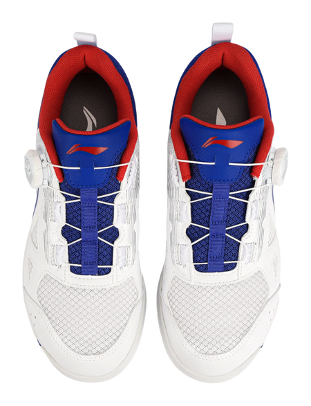 Table tennis shoes heel and tongue view with red inner lining and blue laces