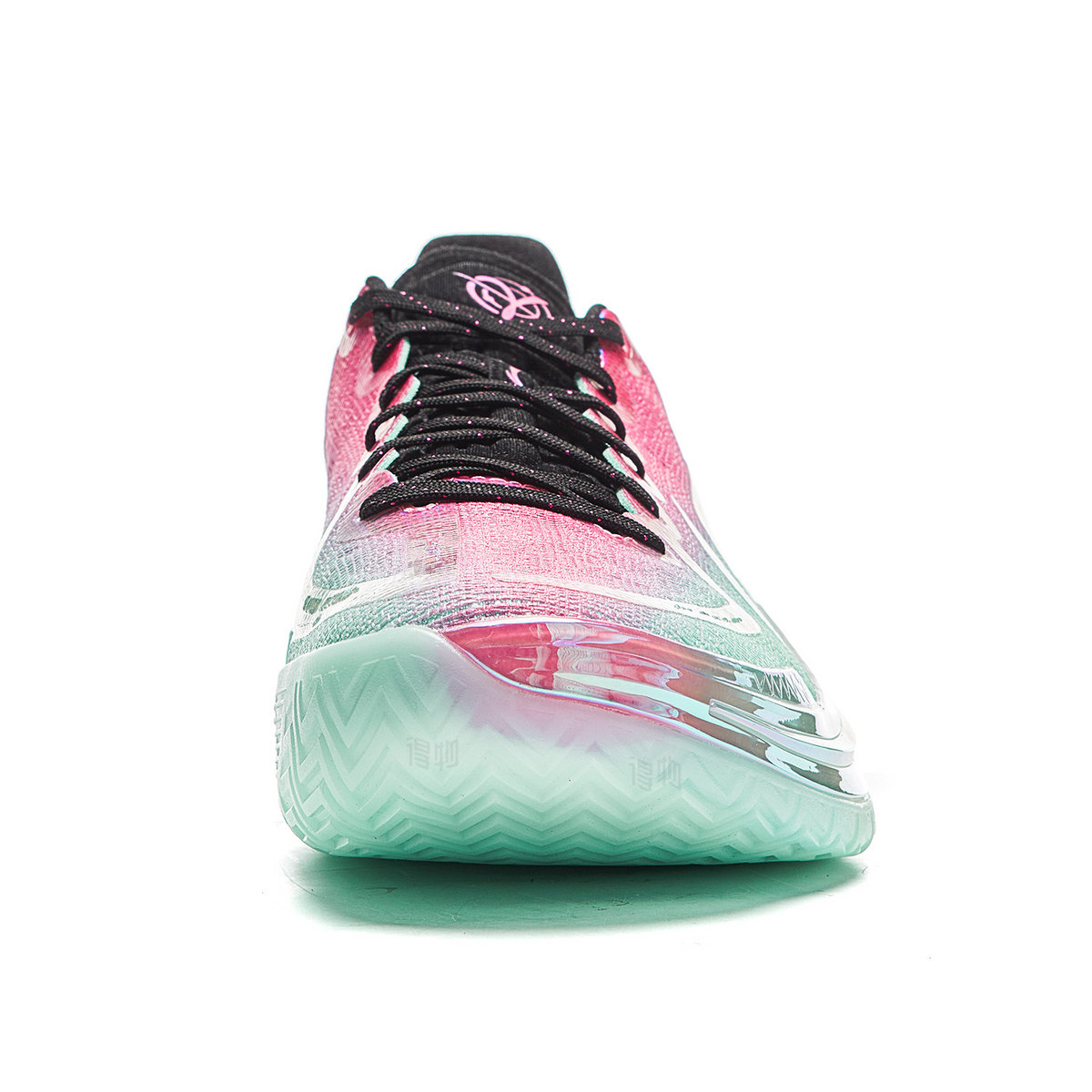 Unisex basketball shoe side front view with pink upper, mint sole, and traction edge.