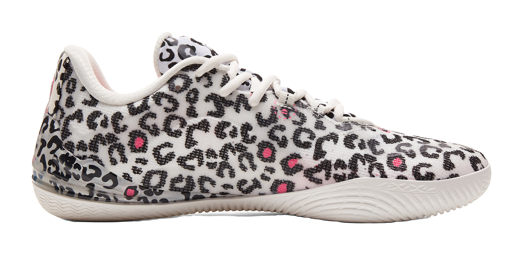 White low-top basketball shoe with leopard print upper and small pink accent marks