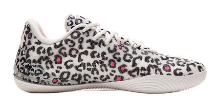 White low-top basketball shoe with leopard print upper and small pink accent marks