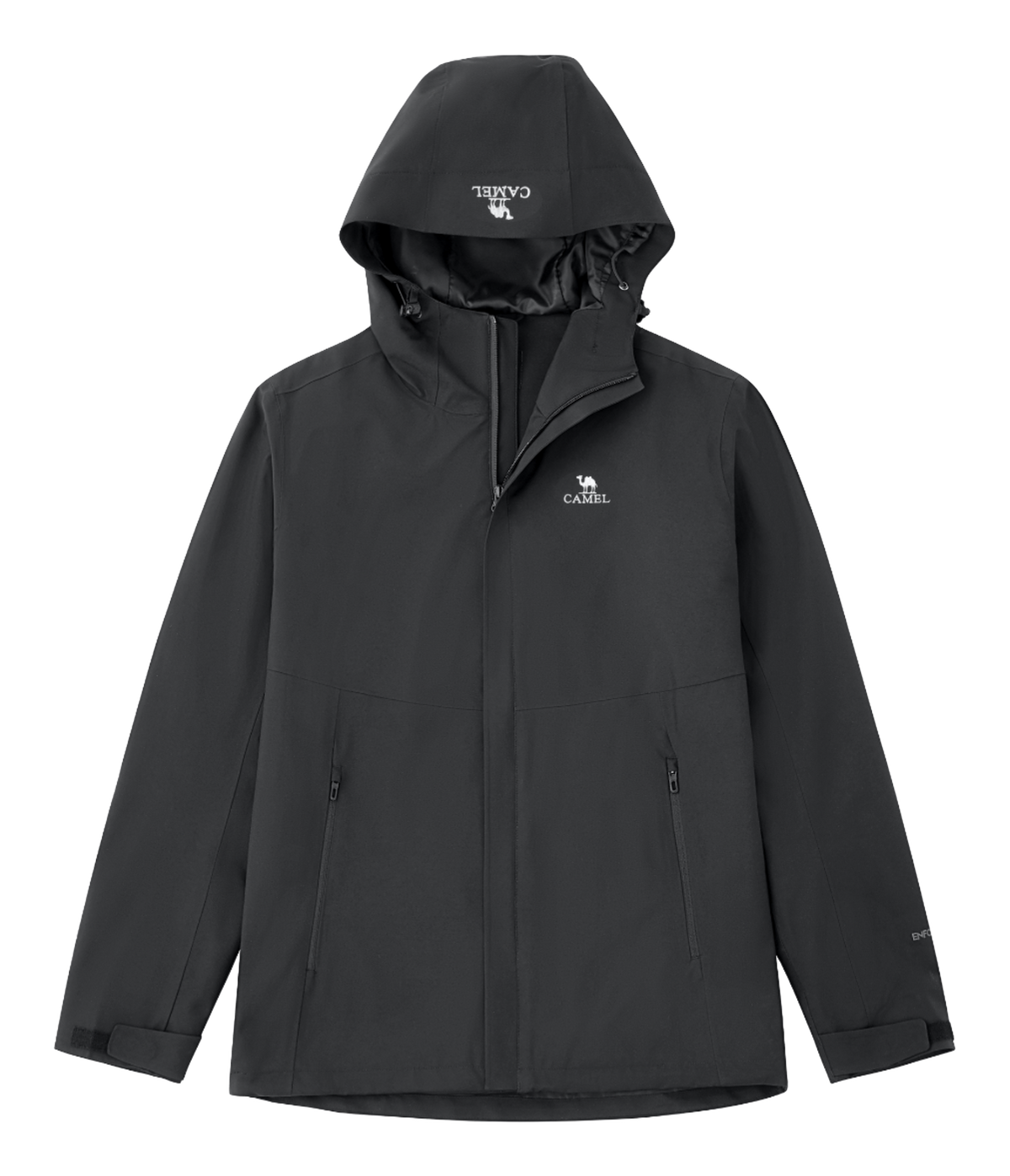 Men's dark gray hooded windbreaker jacket with front zipper and side pockets