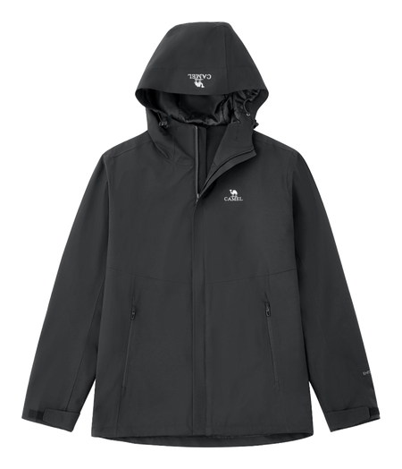 Men's dark gray hooded windbreaker jacket with front zipper and side pockets