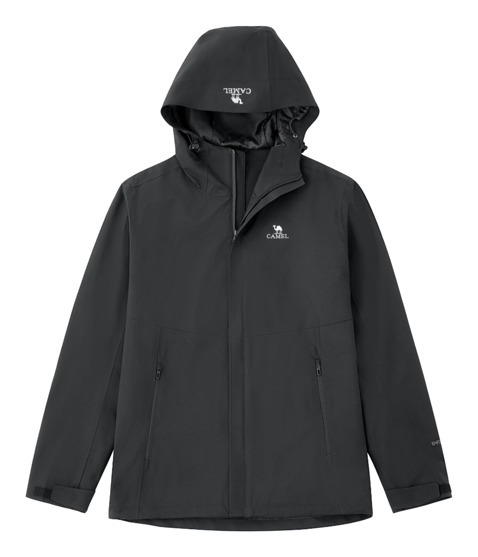 Men's dark gray hooded windbreaker jacket with front zipper and side pockets