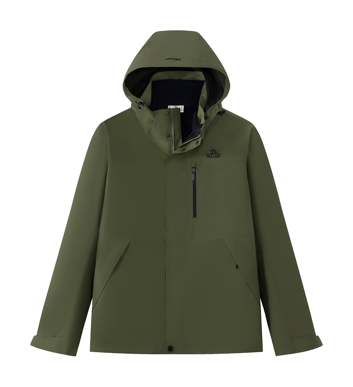 Olive green men’s hooded windbreaker jacket with zip front and chest pocket zip