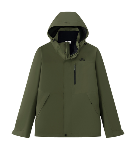 Olive green men’s hooded windbreaker jacket with zip front and chest pocket zip