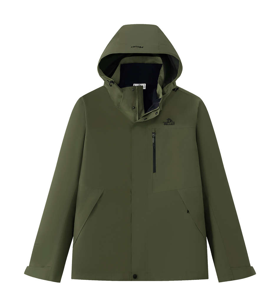 Olive green men’s hooded windbreaker jacket with zip front and chest pocket zip