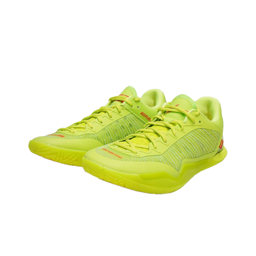 Lime green lace-up basketball shoe with textured upper and red logo accents.