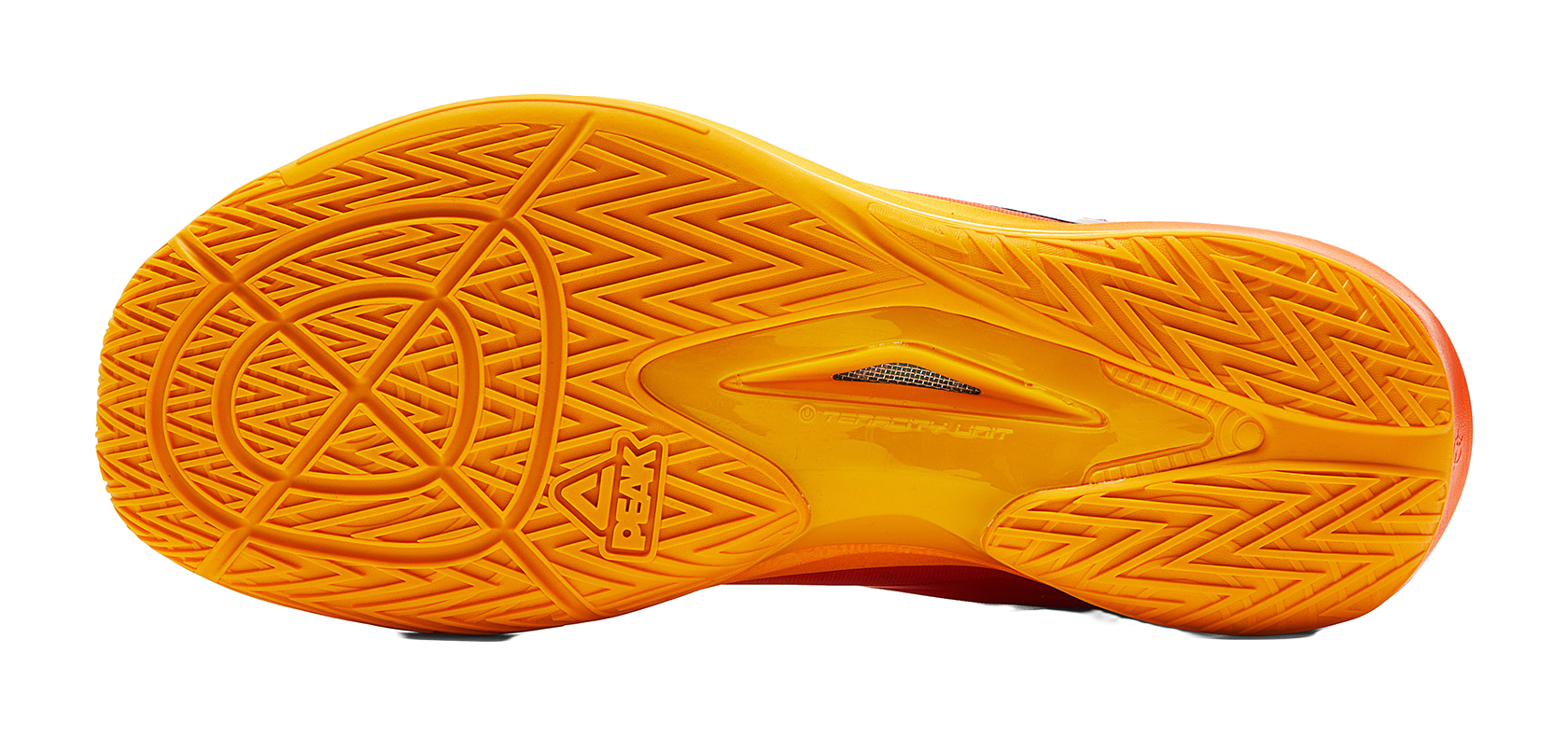 Basketball shoe outsole tread in bright yellow with PEAK emblem