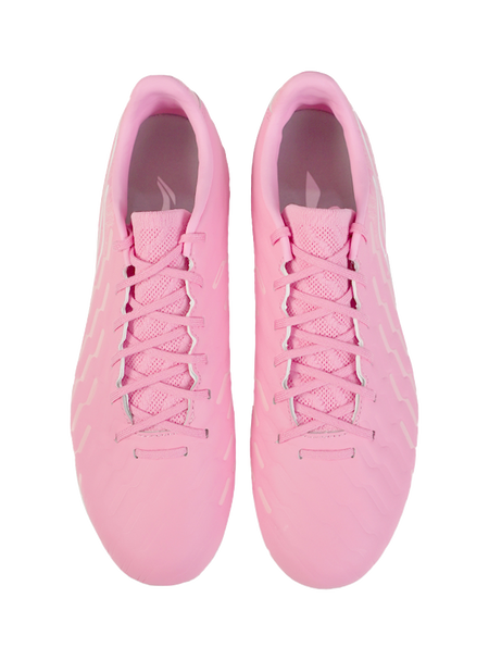 Pair of pink soccer cleats, front view showing lace-up tongues and rounded studs