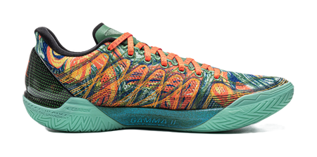 Men's low-top basketball shoes with patterned multicolor upper and teal outsole.